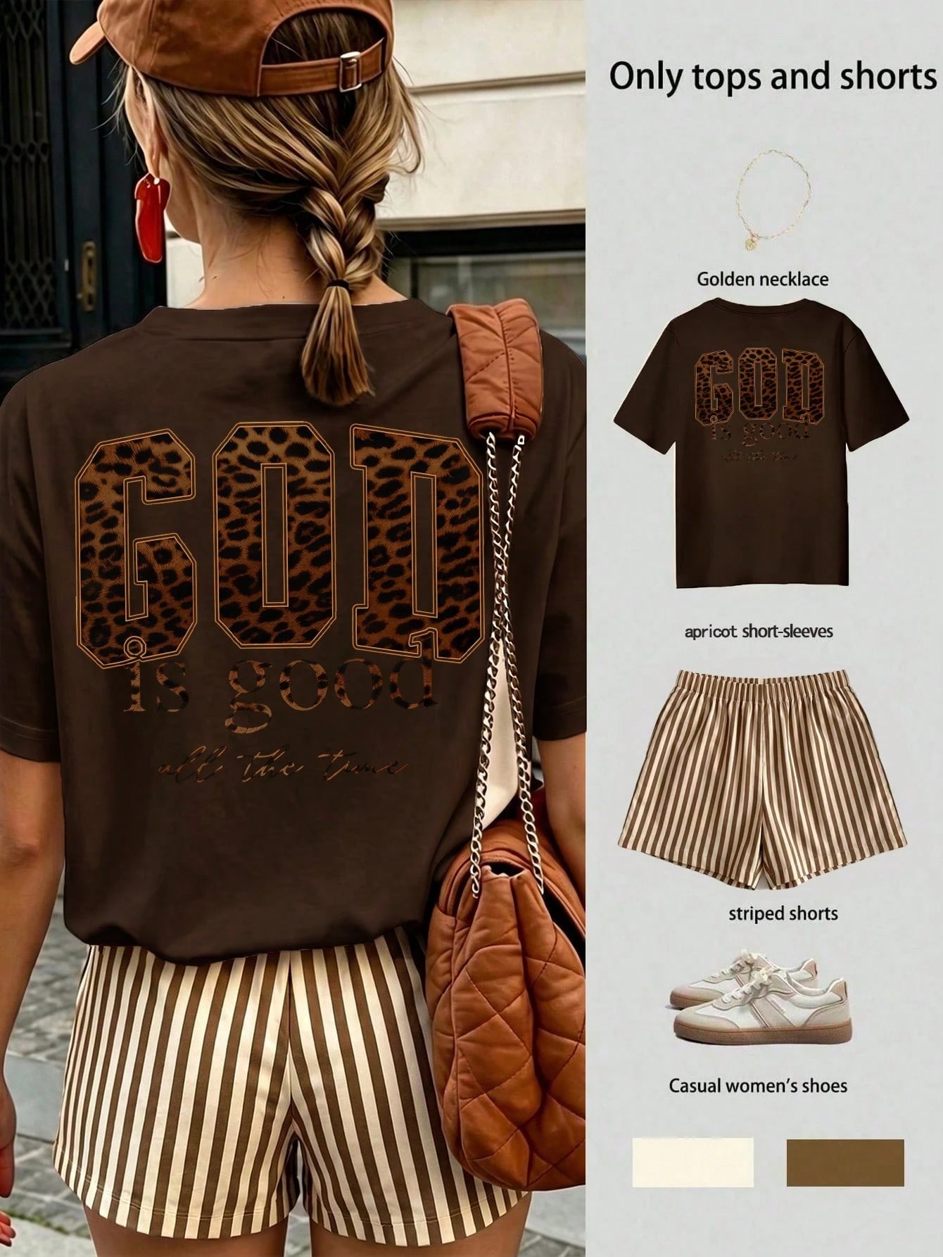 Women's Casual Leopard Print "Good Is Good" T-Shirt And Striped Shorts 2-Piece Set, Summer Holiday Outfit Elegant