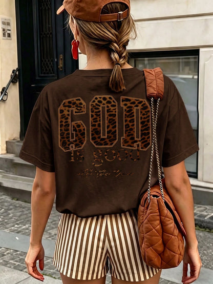 Women's Casual Leopard Print "Good Is Good" T-Shirt And Striped Shorts 2-Piece Set, Summer Holiday Outfit Elegant