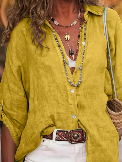 Women's Casual Linen Solid Color Roll-Up Sleeve Button Detail Long Sleeve Shirt Spring Yellow