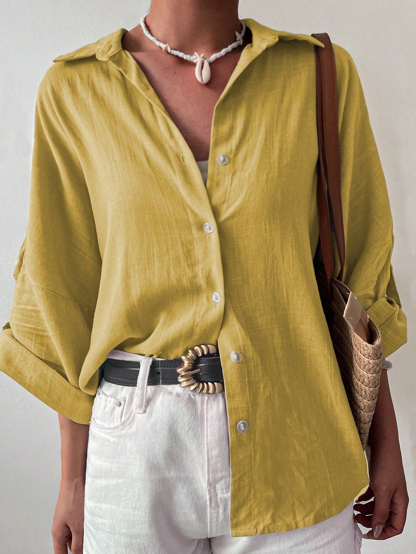 Women's Casual Linen Solid Color Roll-Up Sleeve Button Detail Long Sleeve Shirt Spring Yellow