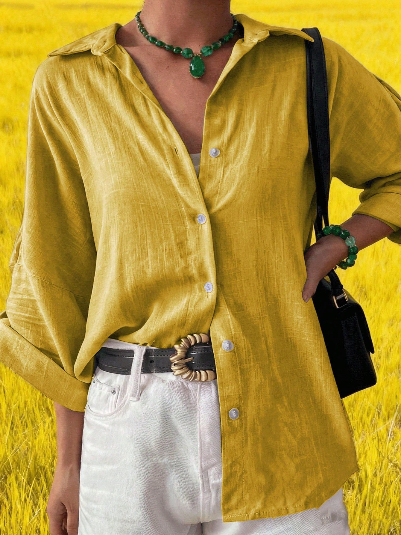 Women's Casual Linen Solid Color Roll-Up Sleeve Button Detail Long Sleeve Shirt Spring Yellow