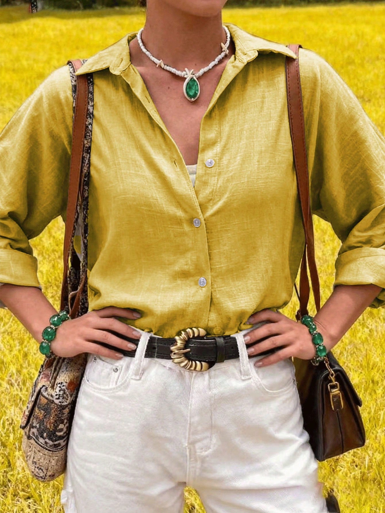 Women's Casual Linen Solid Color Roll-Up Sleeve Button Detail Long Sleeve Shirt Spring Yellow