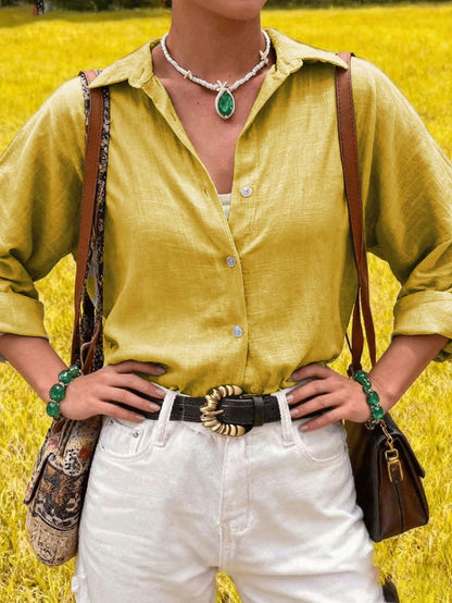 Women's Casual Linen Solid Color Roll-Up Sleeve Button Detail Long Sleeve Shirt Spring Yellow