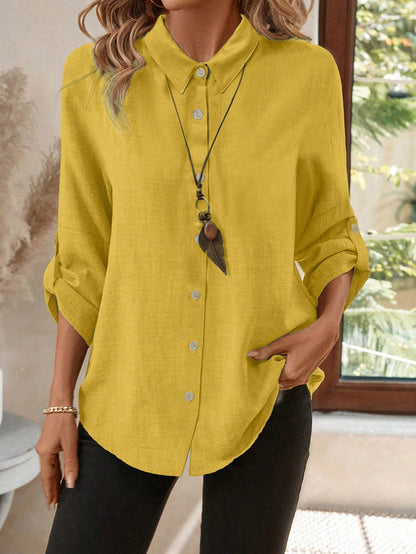 Women's Casual Linen Solid Color Roll-Up Sleeve Button Detail Long Sleeve Shirt Spring Yellow