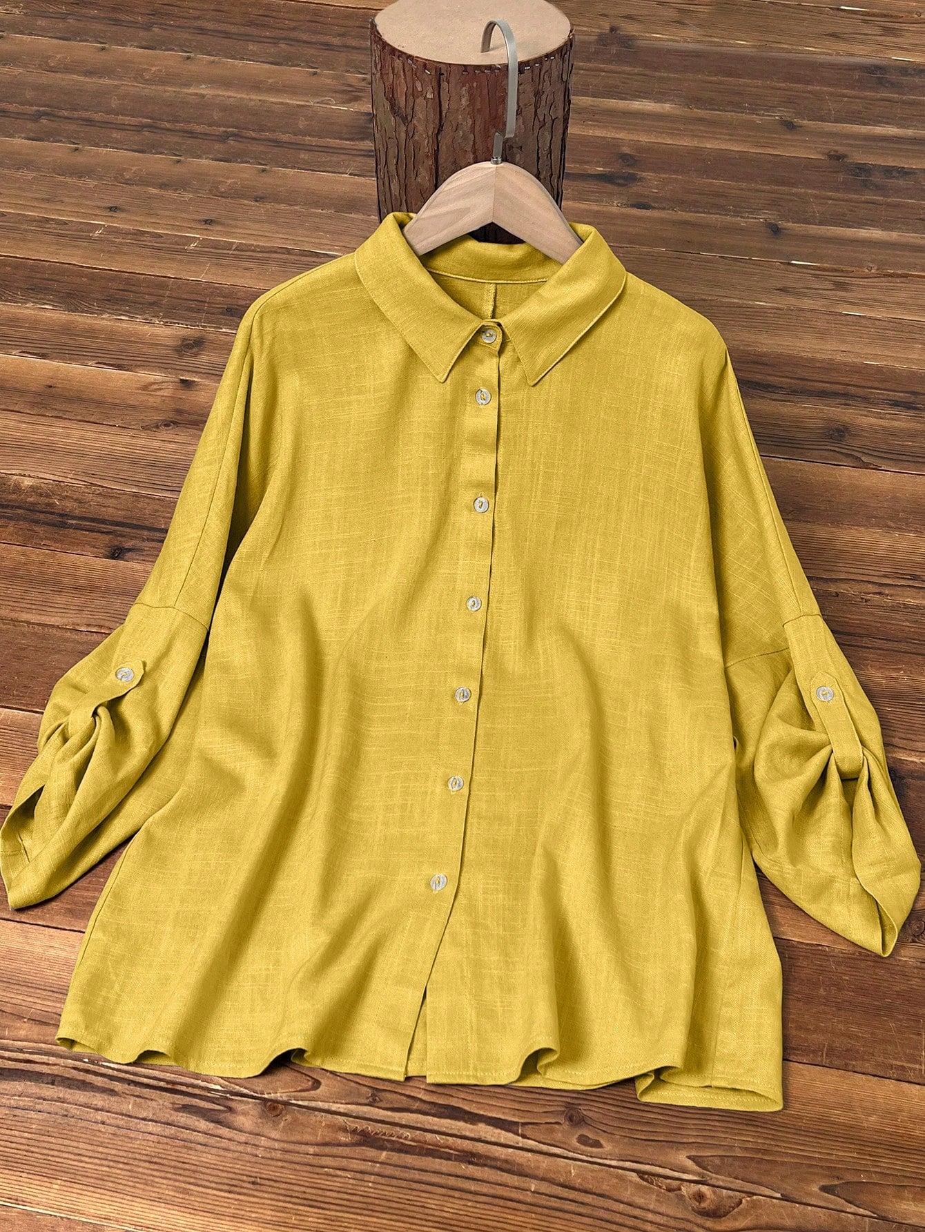 Women's Casual Linen Solid Color Roll-Up Sleeve Button Detail Long Sleeve Shirt Spring Yellow