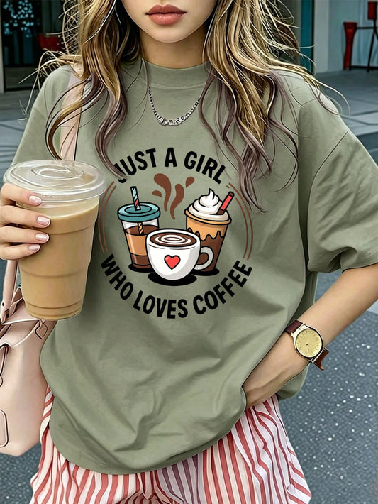 Women's Casual Loose Coffee Lover Graphic Round Neck T-Shirt, Suitable For Daily Wear And Street Style, Summer