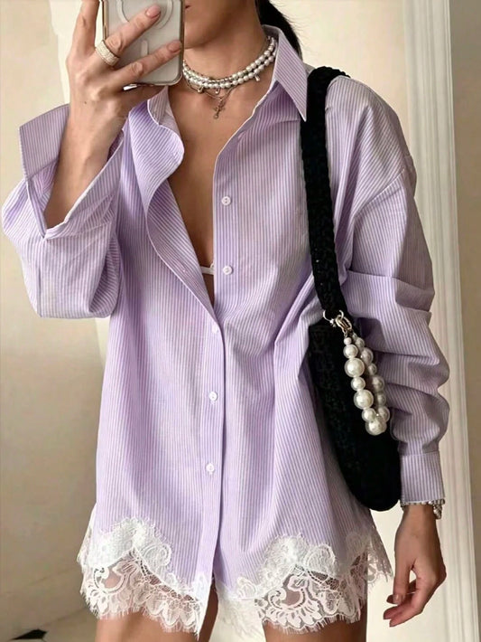 Women's Casual Loose Striped Lace Patchwork Blouse, Lightweight Breathable Relaxed Fit Shirt For Vacation, Date, Daily Wear, Spring, Chic & Elegant