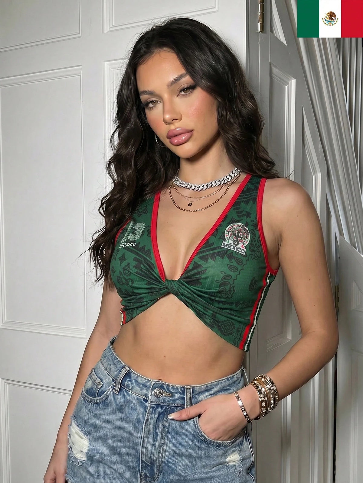 Women's Casual Mexican Mesh V-Neck Twist Cropped Tank Top, Suitable For Summer Outings And Vacations