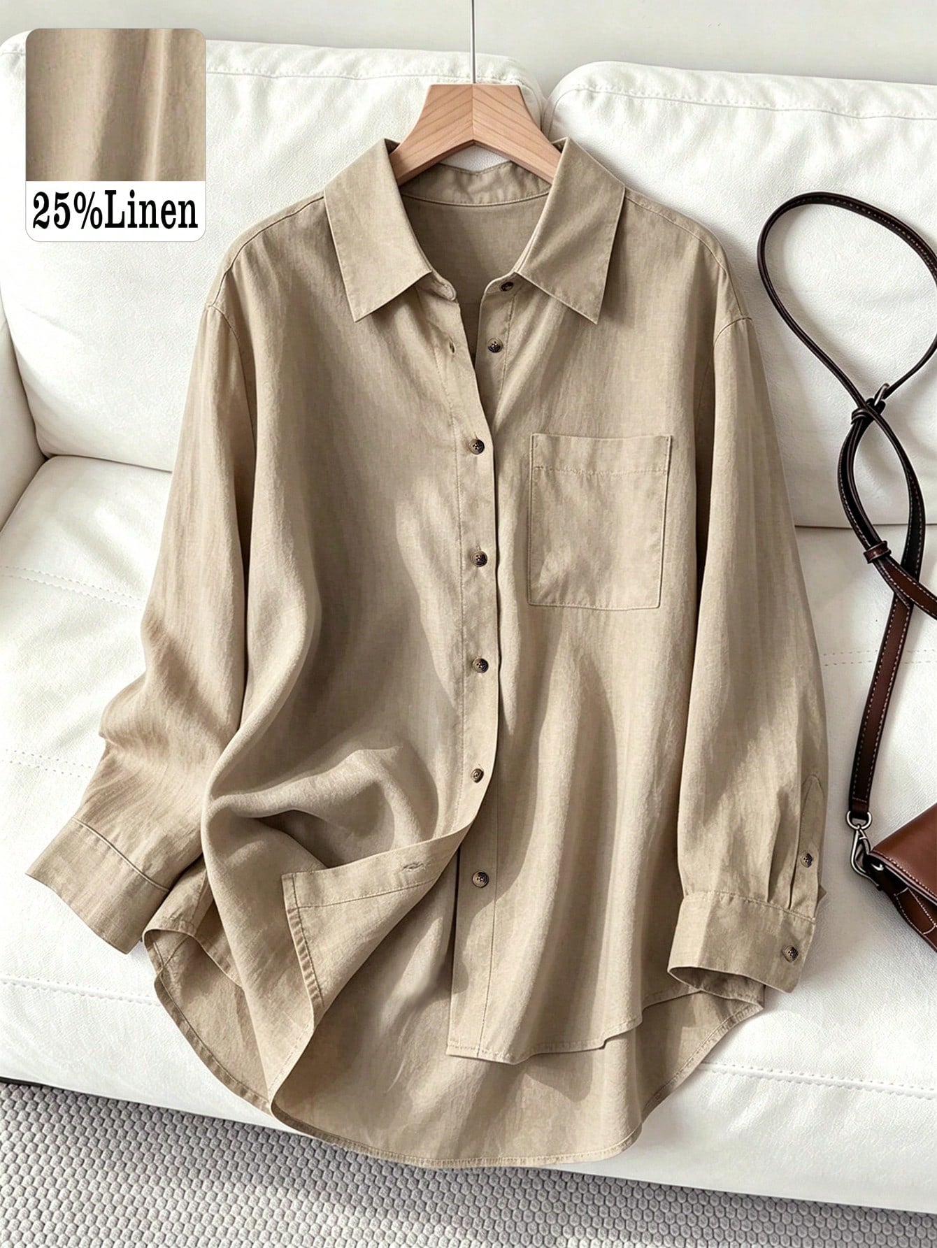 Women's Casual/Office Linen Blended Solid Color Front Button Pocket Front Short Back Long Loose Long Sleeve Shirt Spring