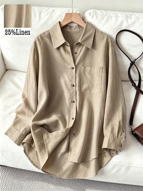 Women's Casual/Office Linen Blended Solid Color Front Button Pocket Front Short Back Long Loose Long Sleeve Shirt Spring