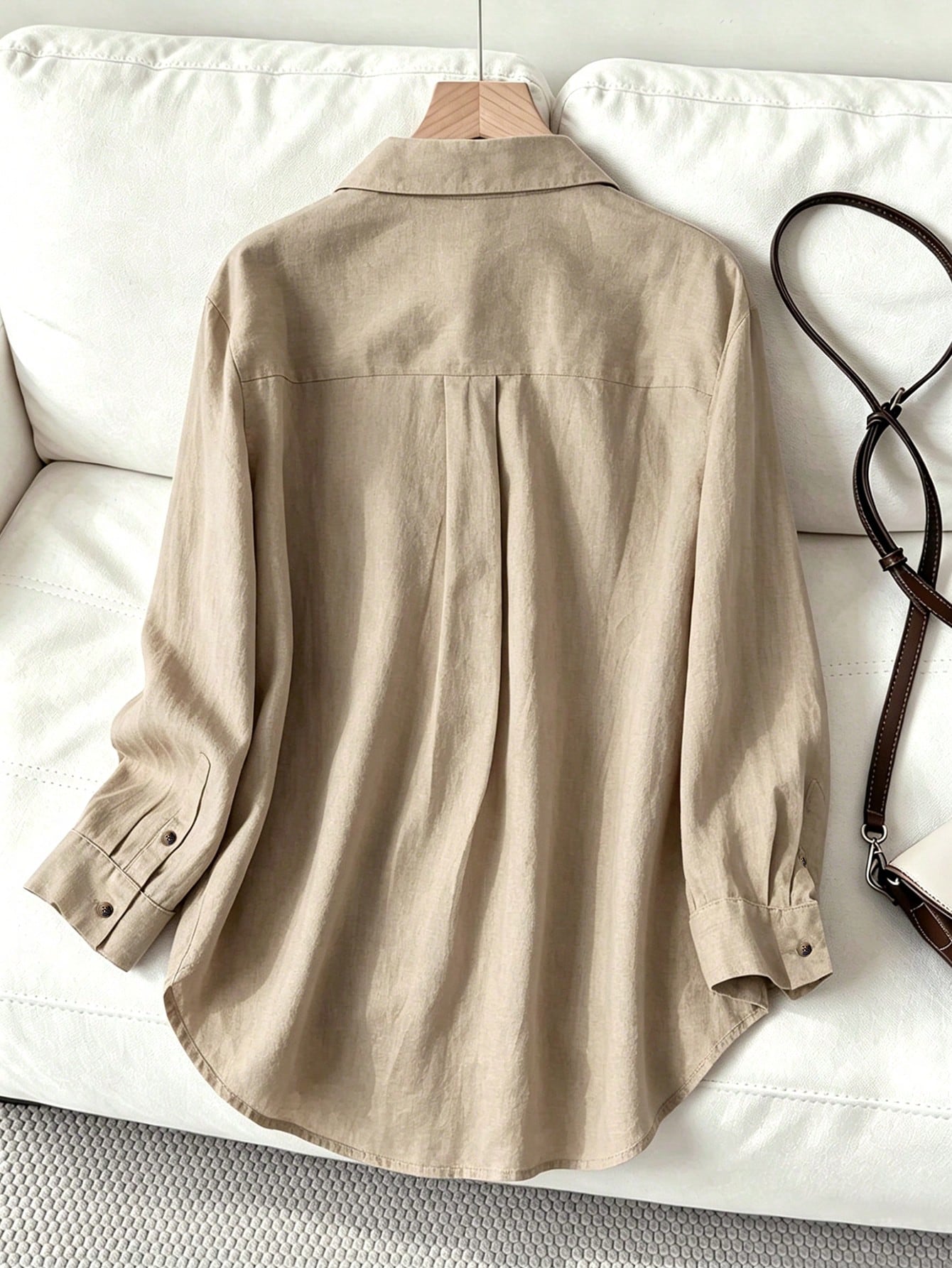 Women's Casual/Office Linen Blended Solid Color Front Button Pocket Front Short Back Long Loose Long Sleeve Shirt Spring
