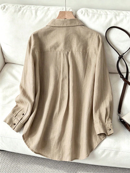 Women's Casual/Office Linen Blended Solid Color Front Button Pocket Front Short Back Long Loose Long Sleeve Shirt Spring