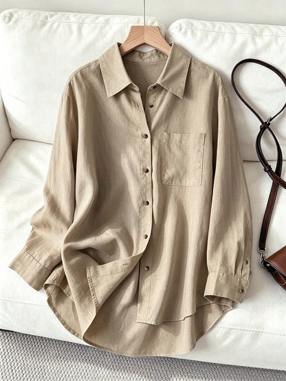 Women's Casual/Office Linen Blended Solid Color Front Button Pocket Front Short Back Long Loose Long Sleeve Shirt Spring