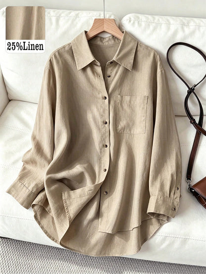 Women's Casual/Office Linen Blended Solid Color Front Button Pocket Front Short Back Long Loose Long Sleeve Shirt Spring