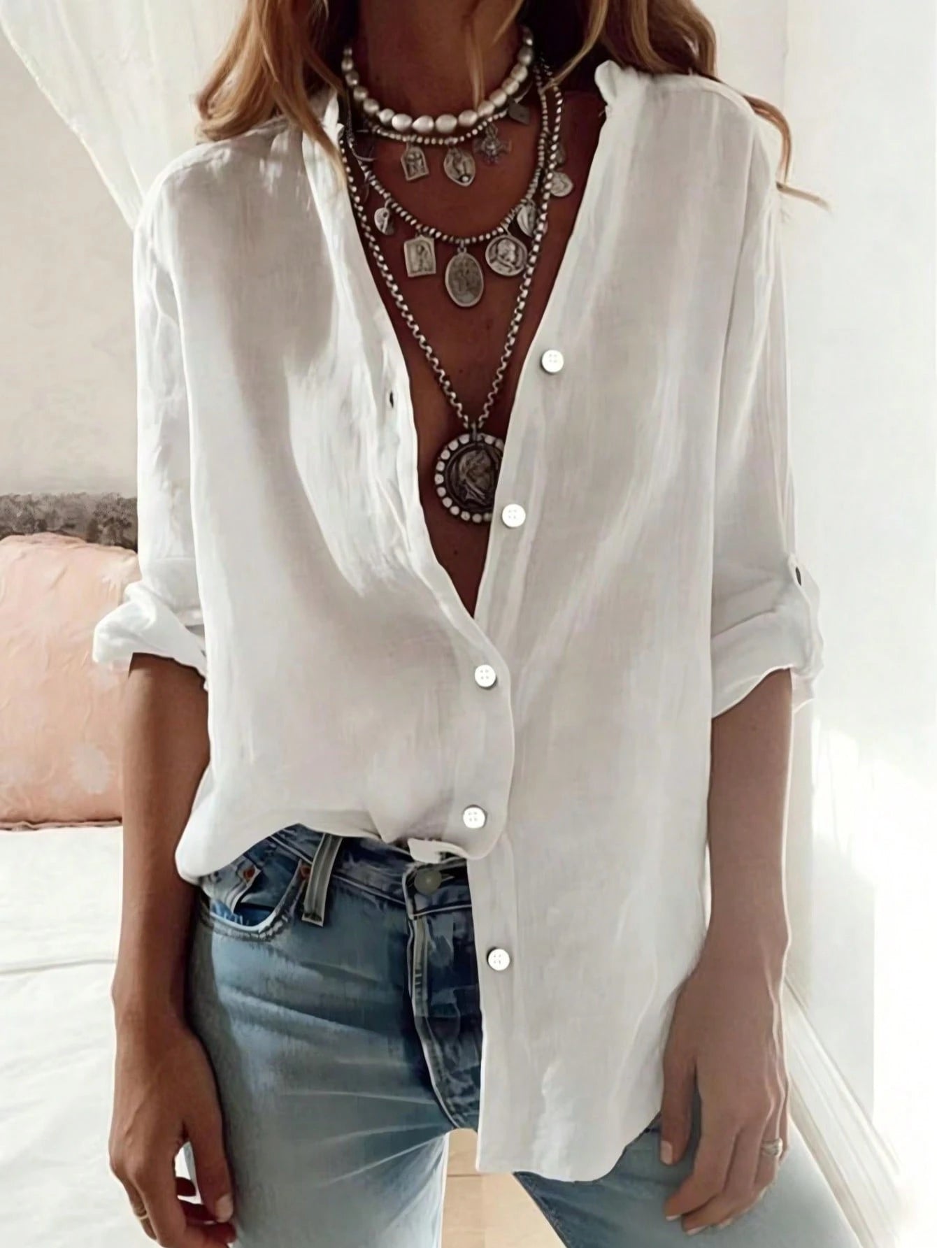 Women's Casual Plus Size White Shirt, Stand Collar Long Sleeve With Roll-Up Cuffs, Woven Semi-Sheer Fabric, Regular Length, Autumn Back To School Essential