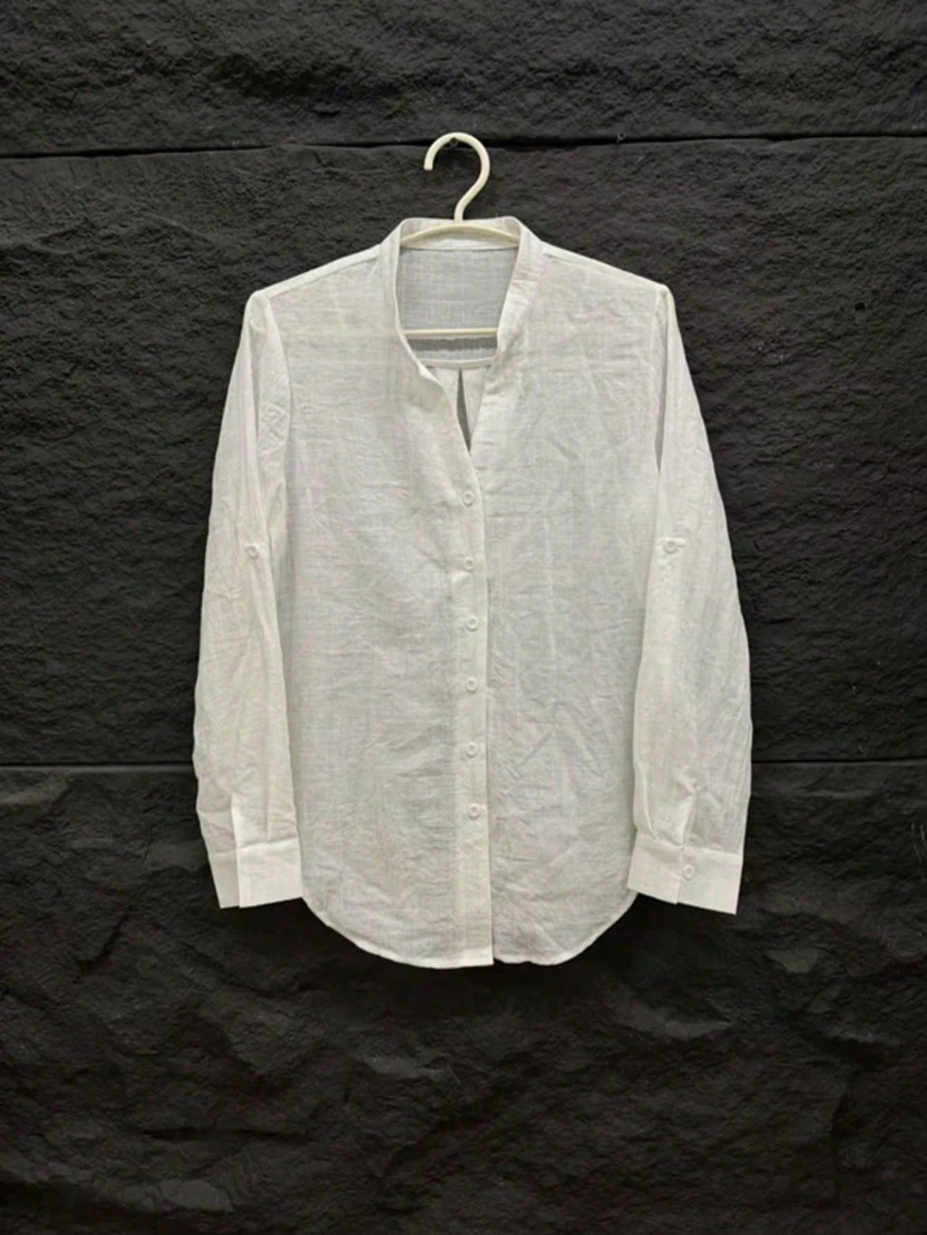 Women's Casual Plus Size White Shirt, Stand Collar Long Sleeve With Roll-Up Cuffs, Woven Semi-Sheer Fabric, Regular Length, Autumn Back To School Essential