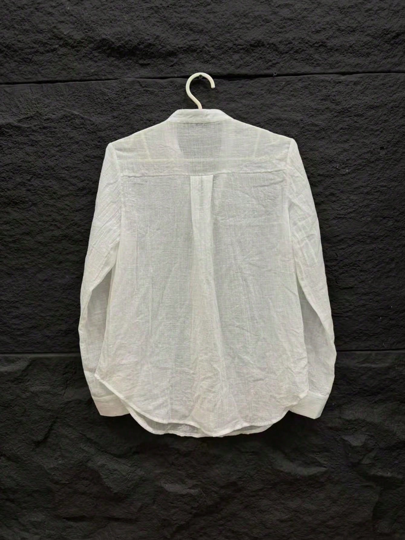 Women's Casual Plus Size White Shirt, Stand Collar Long Sleeve With Roll-Up Cuffs, Woven Semi-Sheer Fabric, Regular Length, Autumn Back To School Essential