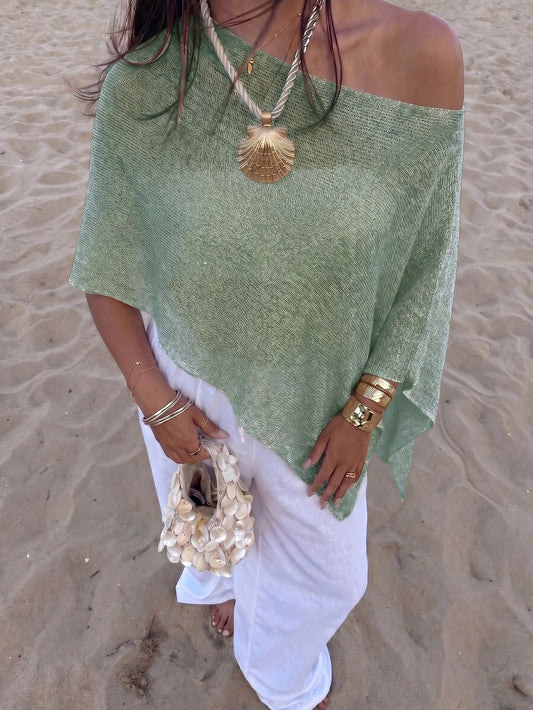 Women's Casual Sexy Shiny Lightweight Textured Solid Color Hollow Knit Cropped Top With Batwing Sleeves, Suitable For Summer Vacation & Beach