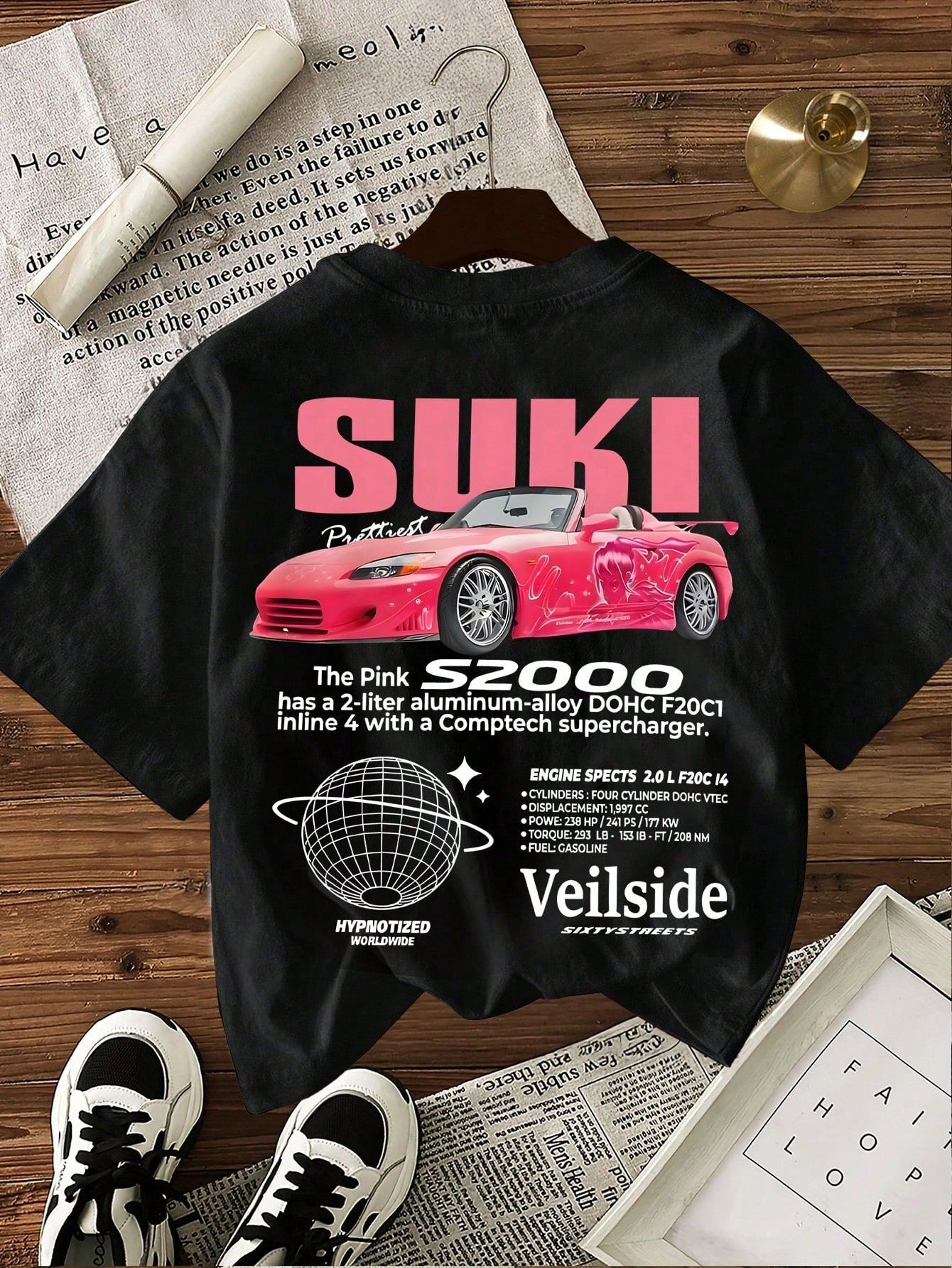 Women's Casual Slogan & Car Print Short Sleeve Round Neck T-Shirt Black Summer