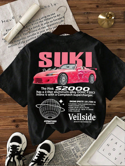Women's Casual Slogan & Car Print Short Sleeve Round Neck T-Shirt Black Summer