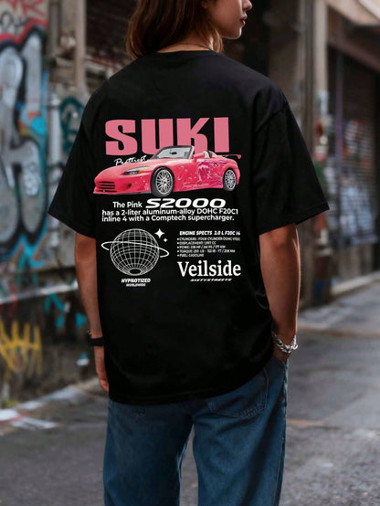 Women's Casual Slogan & Car Print Short Sleeve Round Neck T-Shirt Black Summer