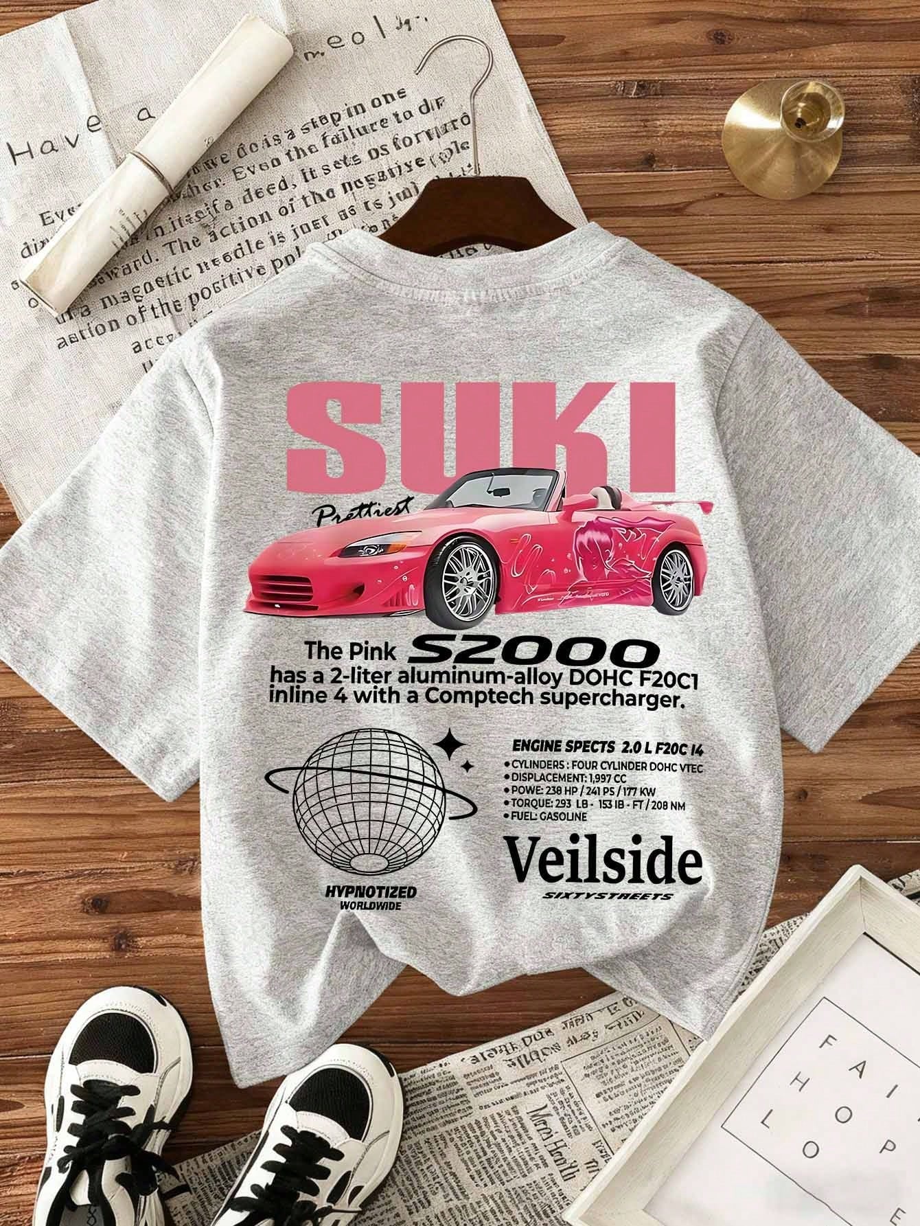 Women's Casual Slogan & Car Print Short Sleeve Round Neck T-Shirt Black Summer