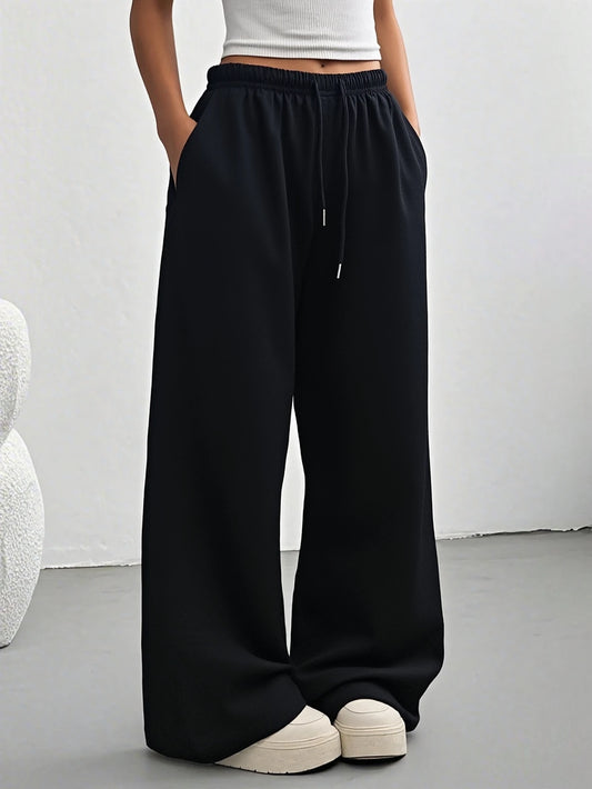 Women's Casual Solid Color Drawstring Waist Sports Pants Black Spring