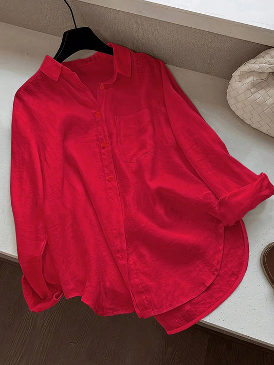 Women's Casual Solid Color Front Button Curved Hem Shirt Spring Red, Smart Casual
