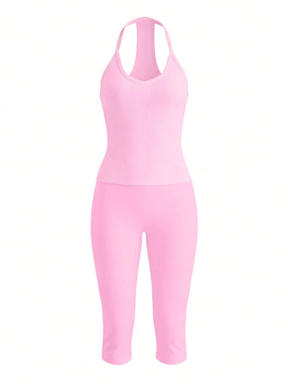 Women's Casual V-Neck Ribbed Knit Tank Top & Fitted Capri Pants Solid Color 2 Pieces Set Summer Outfit (Light & Thin Fabric Slightly Sheer)