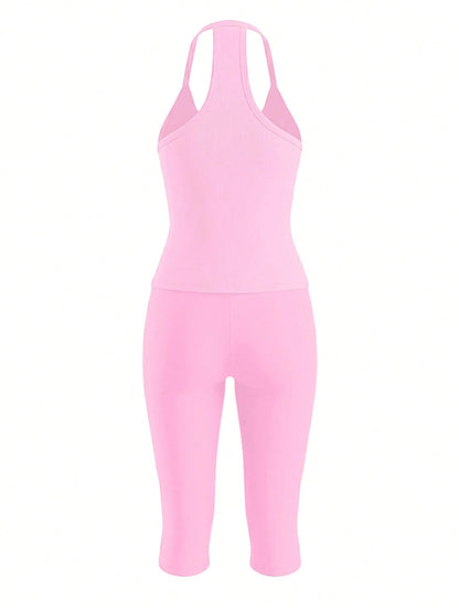 Women's Casual V-Neck Ribbed Knit Tank Top & Fitted Capri Pants Solid Color 2 Pieces Set Summer Outfit (Light & Thin Fabric Slightly Sheer)