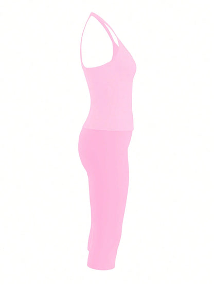 Women's Casual V-Neck Ribbed Knit Tank Top & Fitted Capri Pants Solid Color 2 Pieces Set Summer Outfit (Light & Thin Fabric Slightly Sheer)