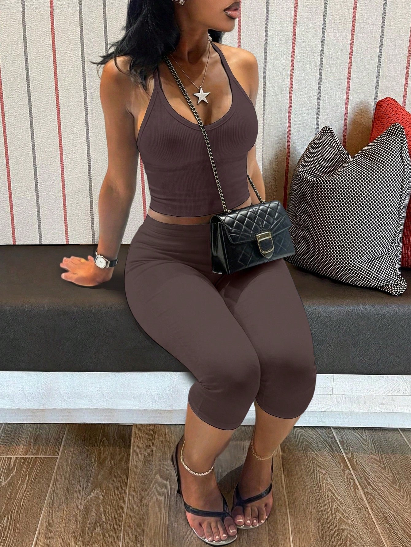 Women's Casual V-Neck Ribbed Knit Tank Top & Fitted Capri Pants Solid Color 2 Pieces Set Summer Outfit (Light & Thin Fabric Slightly Sheer)