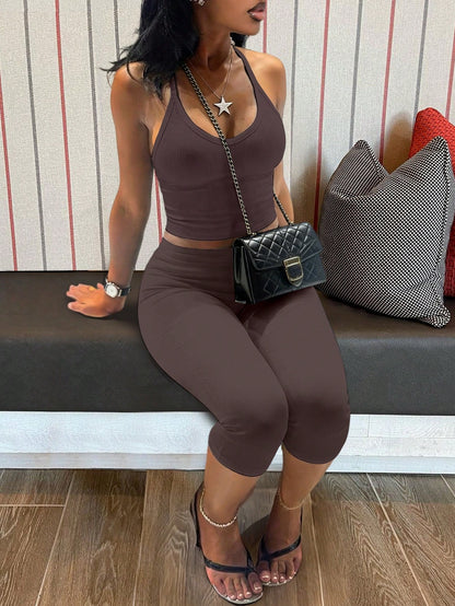 Women's Casual V-Neck Ribbed Knit Tank Top & Fitted Capri Pants Solid Color 2 Pieces Set Summer Outfit (Light & Thin Fabric Slightly Sheer)