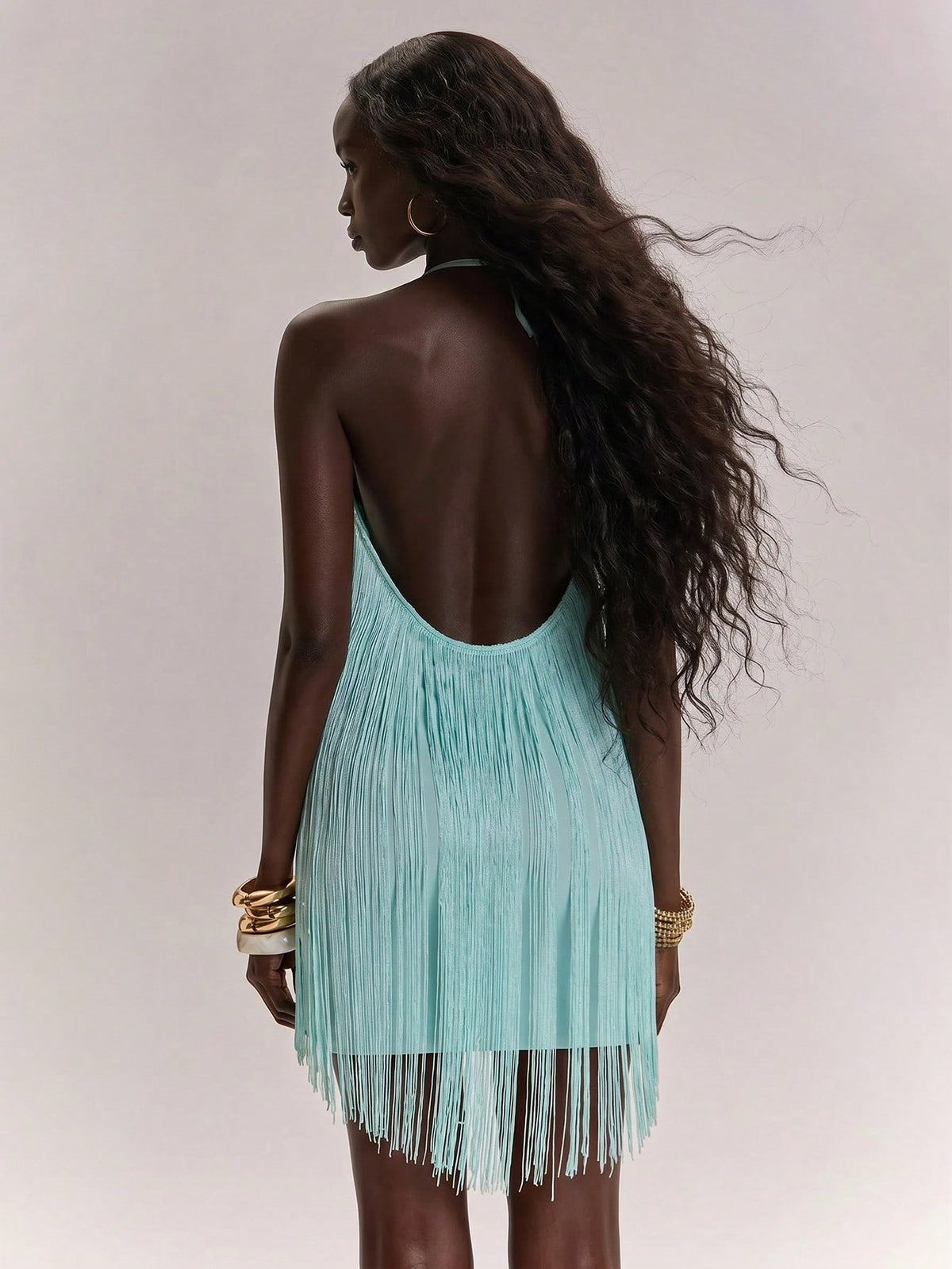 Women's Casual Vacation Spaghetti Strap Backless V-Neck Tassel Bodycon Dress, Suitable For Beach Sisters Leisure Bohemian Mint Green