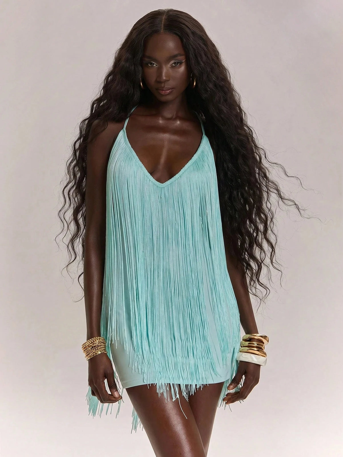 Women's Casual Vacation Spaghetti Strap Backless V-Neck Tassel Bodycon Dress, Suitable For Beach Sisters Leisure Bohemian Mint Green
