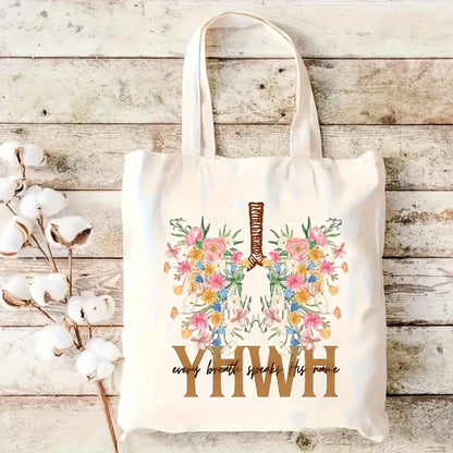 Women's Christian Tote Bag With Floral Design- Beige Religious Handbag Featuring Sturdy Handles, Spacious Interior For Church, Work, Everyday- Machine Washable Canvas Bible Verse Purse For Women, Fa
