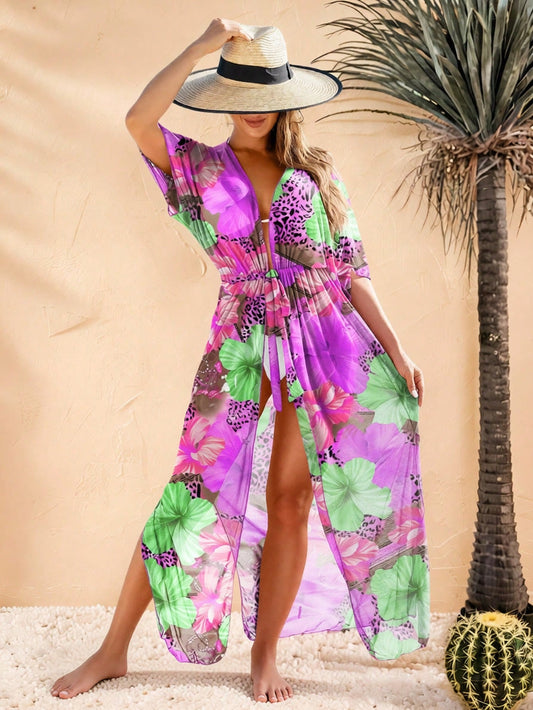 Women's Colorful Floral Print Beach Cover-Up With Tie Waist Vacation Summer