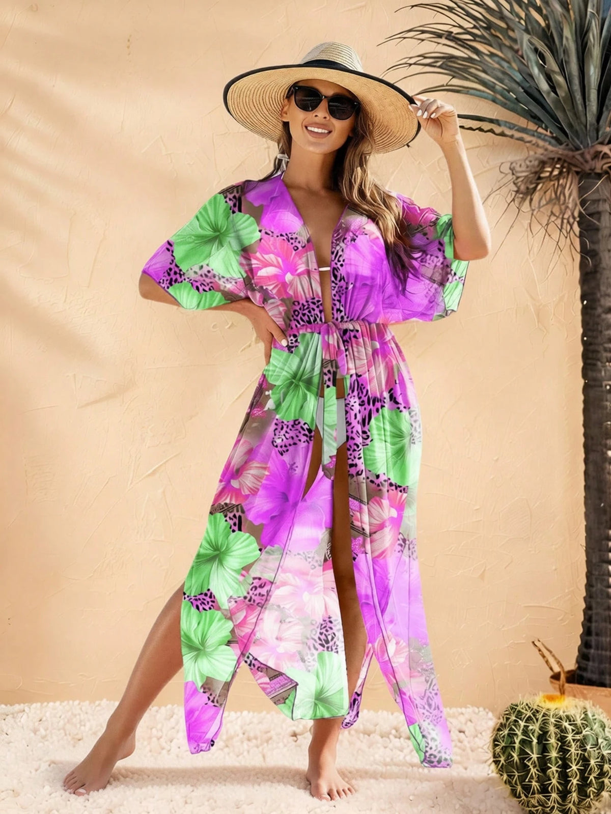 Women's Colorful Floral Print Beach Cover-Up With Tie Waist Vacation Summer