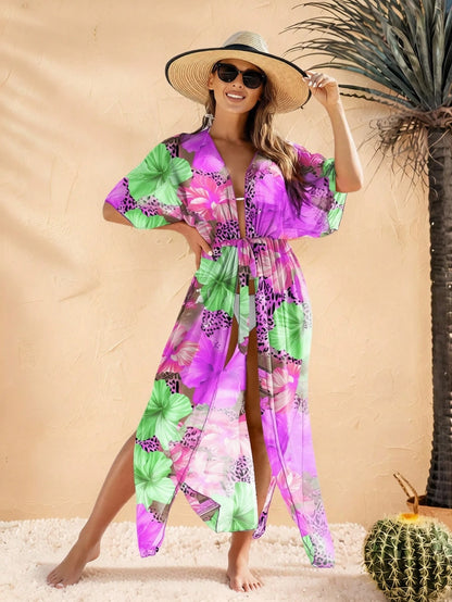 Women's Colorful Floral Print Beach Cover-Up With Tie Waist Vacation Summer