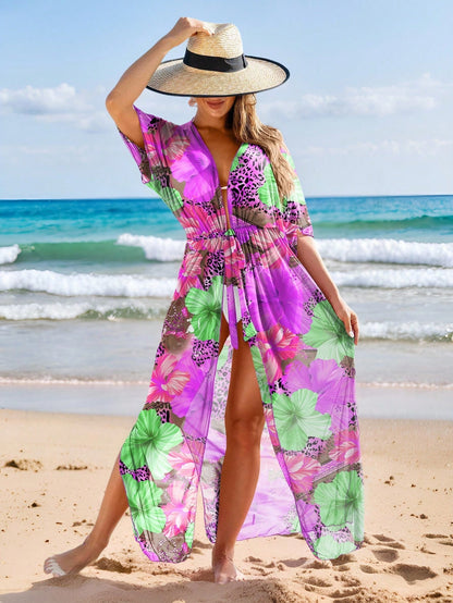 Women's Colorful Floral Print Beach Cover-Up With Tie Waist Vacation Summer