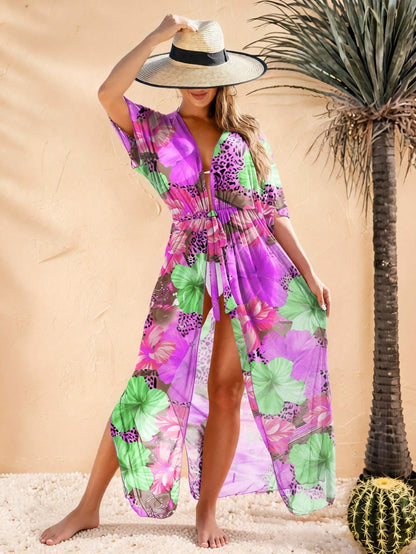 Women's Colorful Floral Print Beach Cover-Up With Tie Waist Vacation Summer