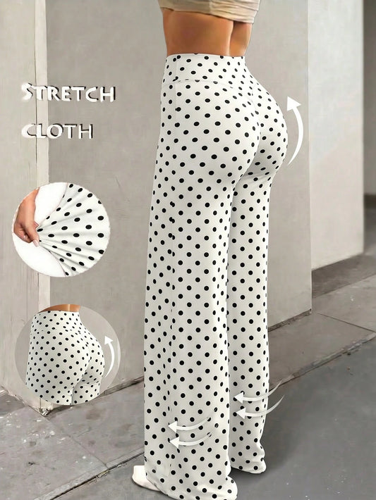 Women's Commuter Sports Elegant Modern Office Slim Fit Flare Pants, White Polka Dot Long Pants High Waist Wide Leg Loose Elastic Pants Autumn Casual Vacation Outing Elegant Y2K Fashion