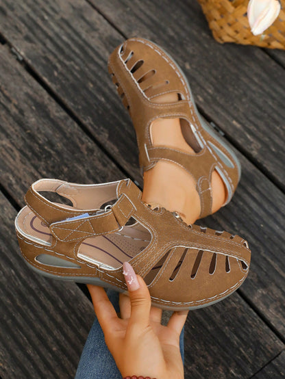 Women's Cushioned Thick Sole Sandals, Closed Toe Cutout Walking Shoes, Comfortable Platform Flats For Long Strolls/Runs One Size Large