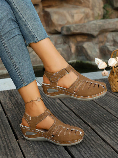 Women's Cushioned Thick Sole Sandals, Closed Toe Cutout Walking Shoes, Comfortable Platform Flats For Long Strolls/Runs One Size Large