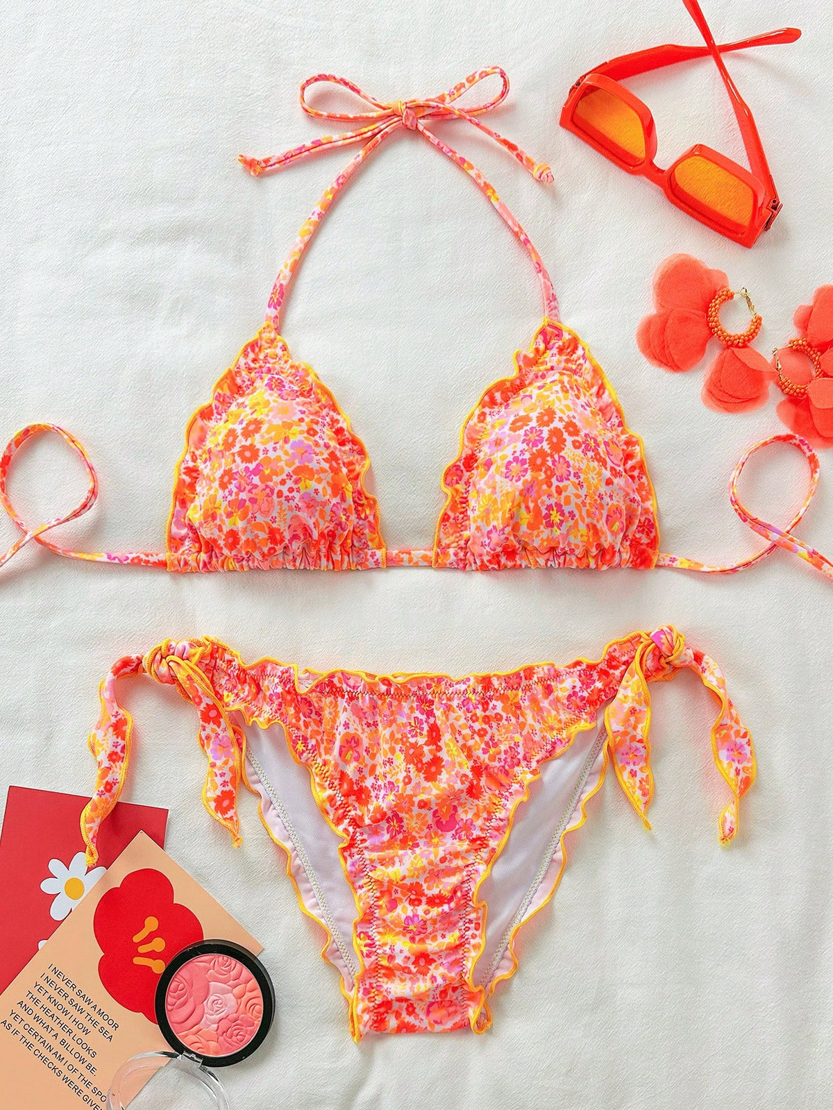 Women's Cute Floral Lace Ruffle Bikini 2 Pieces Set, Suitable For Summer Island Vacation Swimming Casual Beach