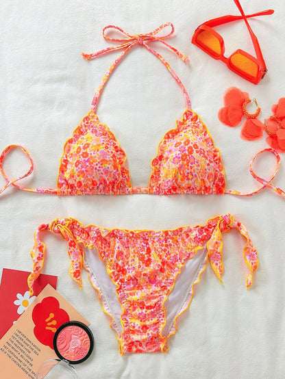 Women's Cute Floral Lace Ruffle Bikini 2 Pieces Set, Suitable For Summer Island Vacation Swimming Casual Beach
