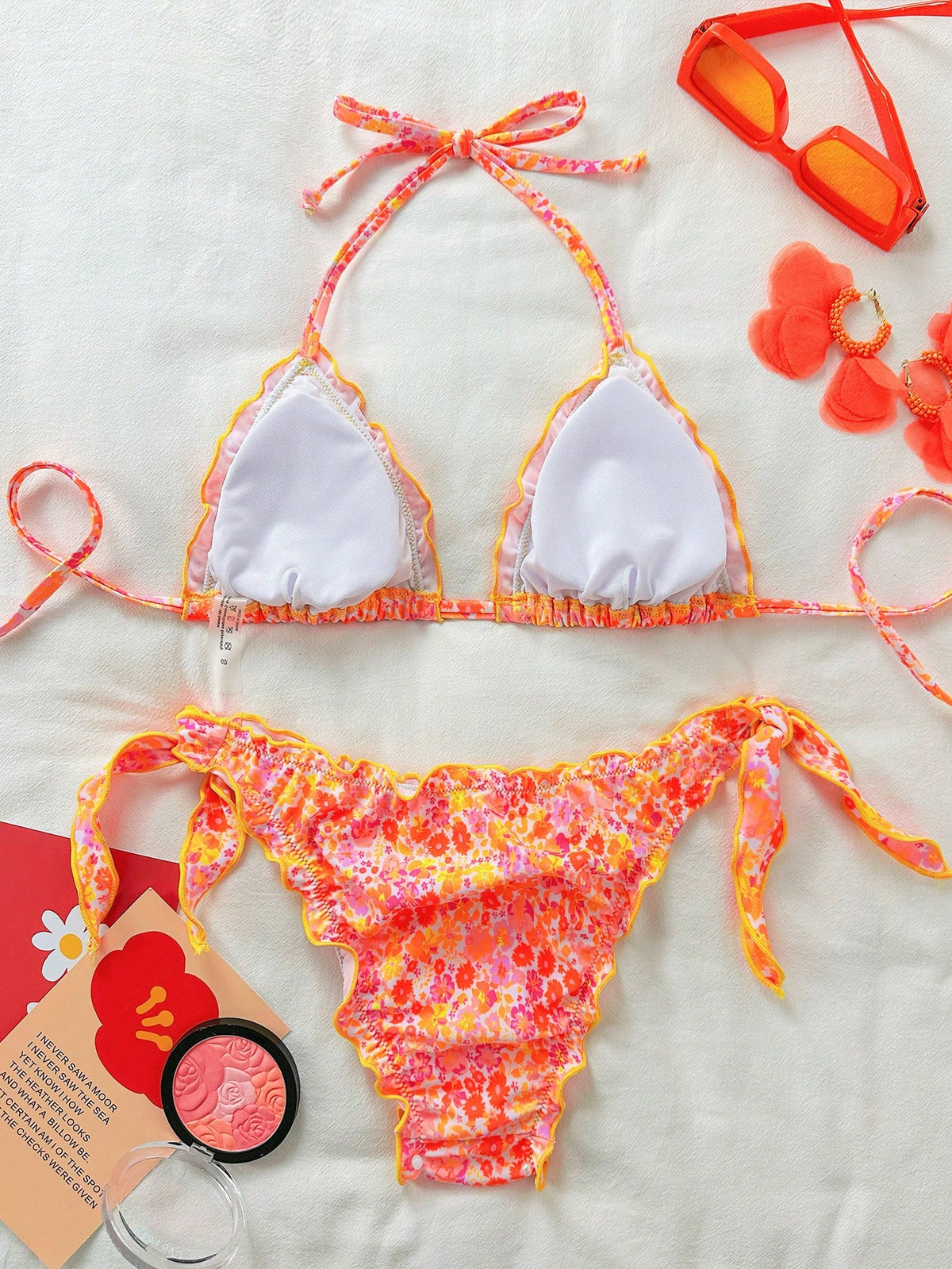 Women's Cute Floral Lace Ruffle Bikini 2 Pieces Set, Suitable For Summer Island Vacation Swimming Casual Beach