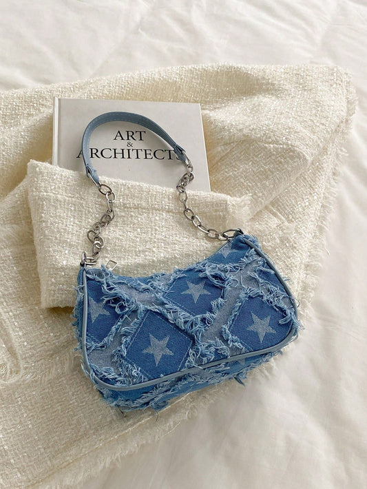 Women's Decorative Buckle Detail Stitching Chain Strap Shoulder Bag, Street Fashion Bohemian Style