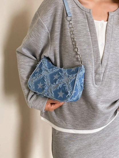 Women's Decorative Buckle Detail Stitching Chain Strap Shoulder Bag, Street Fashion Bohemian Style
