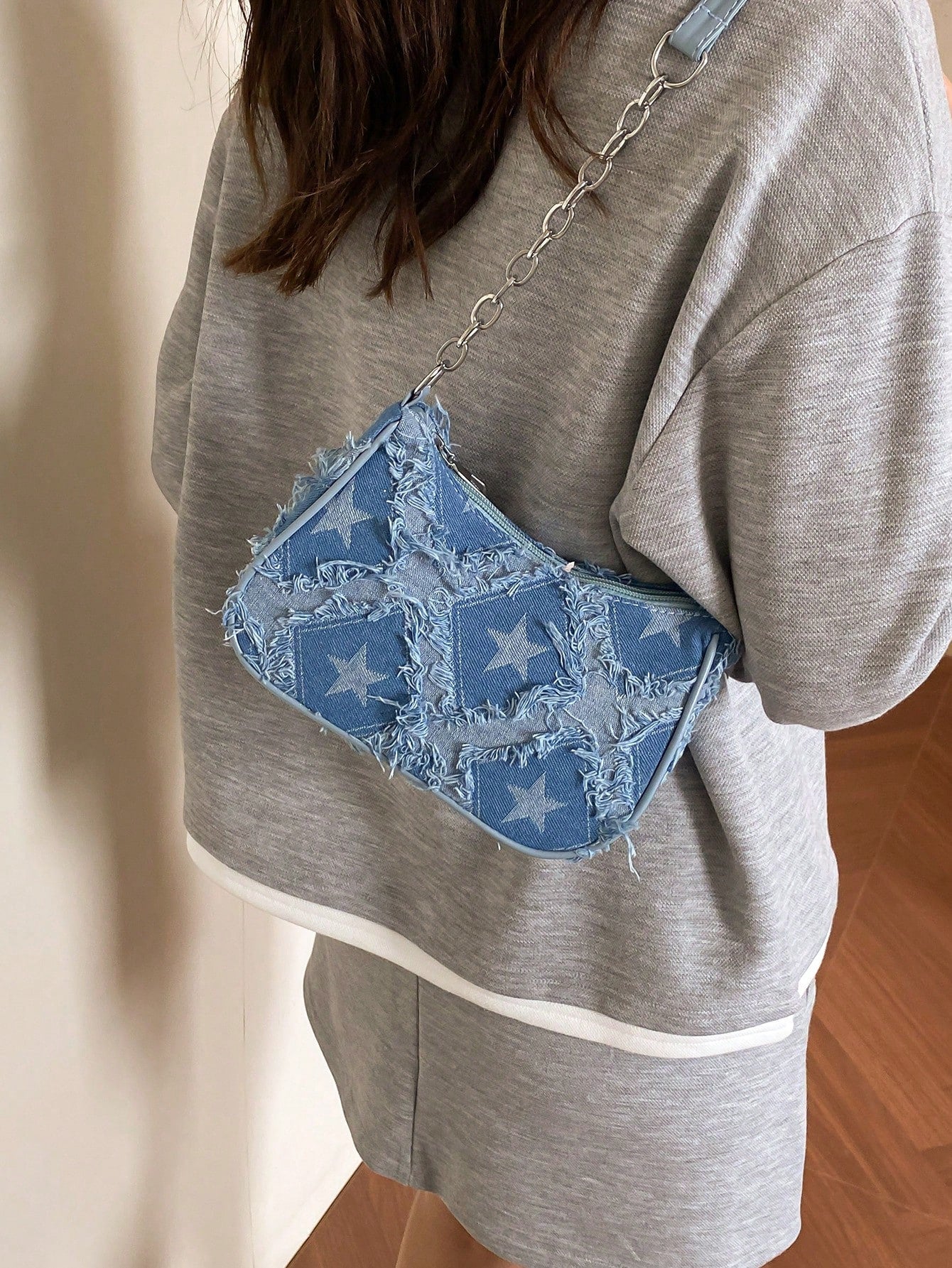 Women's Decorative Buckle Detail Stitching Chain Strap Shoulder Bag, Street Fashion Bohemian Style